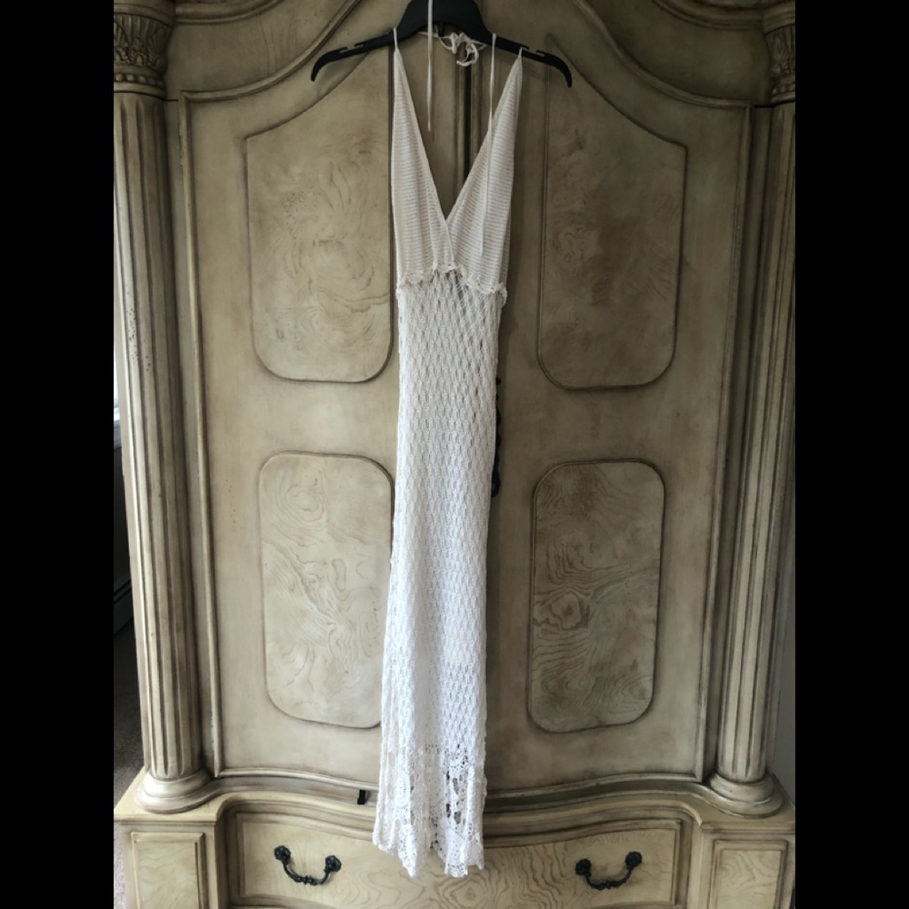 White Crochet Dress with tie up neckline